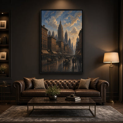 Framed vintage canvas print with black frame, NYC street scene hanging on wall