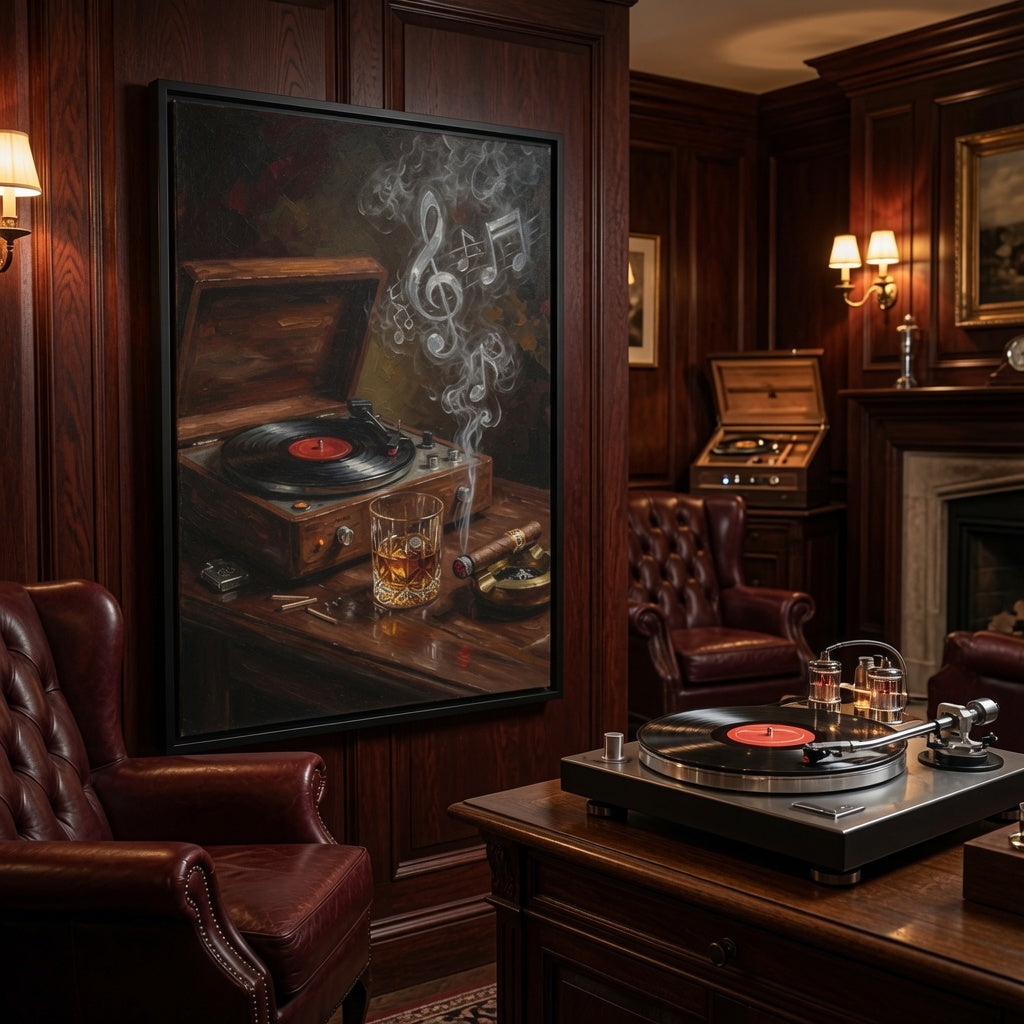Vintage Record Player with Whiskey and Cigar / Music Note Smoke - Framed Canvas