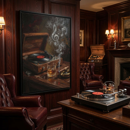 Vintage Record Player with Whiskey and Cigar / Music Note Smoke - Framed Canvas