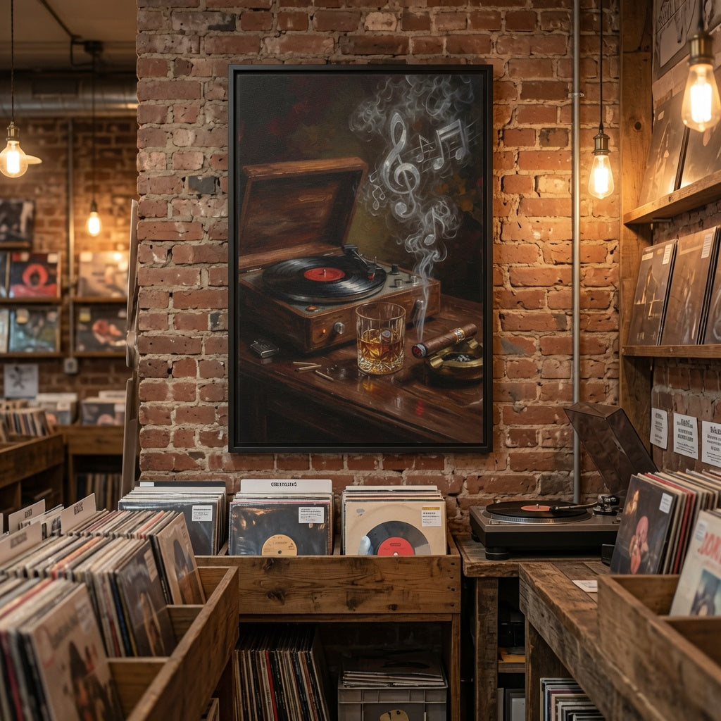 Vintage Record Player with Whiskey and Cigar / Music Note Smoke - Framed Canvas