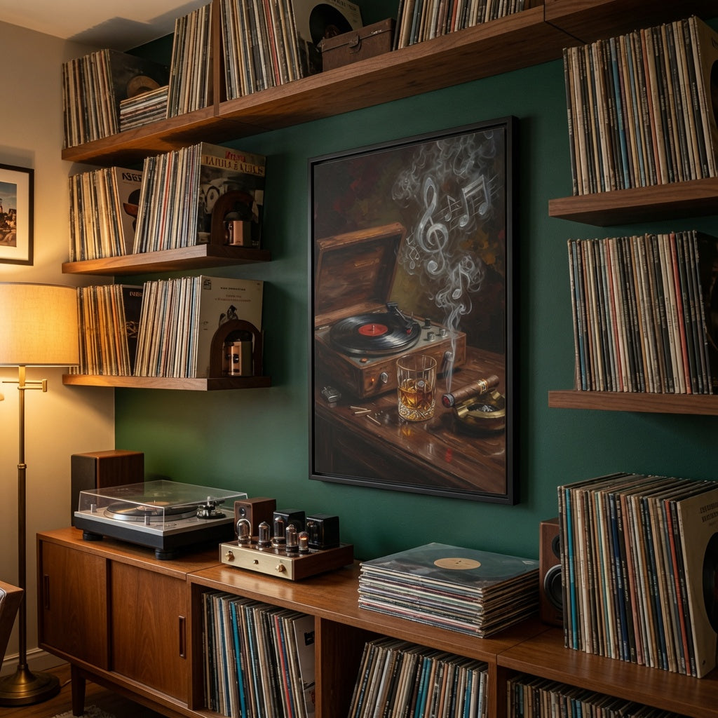 Vintage Record Player with Whiskey and Cigar / Music Note Smoke - Framed Canvas
