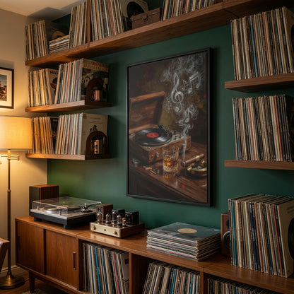 Vintage Record Player with Whiskey and Cigar / Music Note Smoke - Framed Canvas