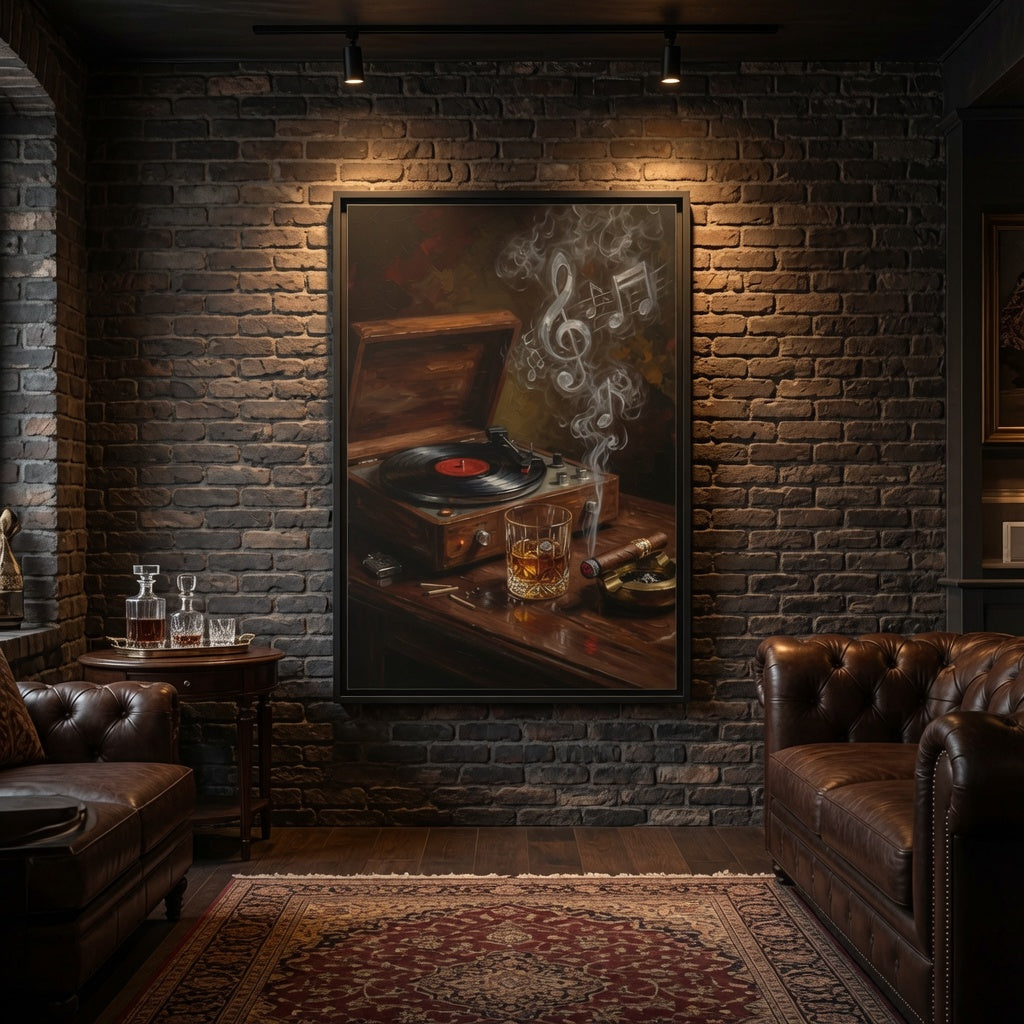 Vintage Record Player with Whiskey and Cigar / Music Note Smoke - Framed Canvas