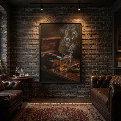 Vintage Record Player with Whiskey and Cigar / Music Note Smoke - Framed Canvas