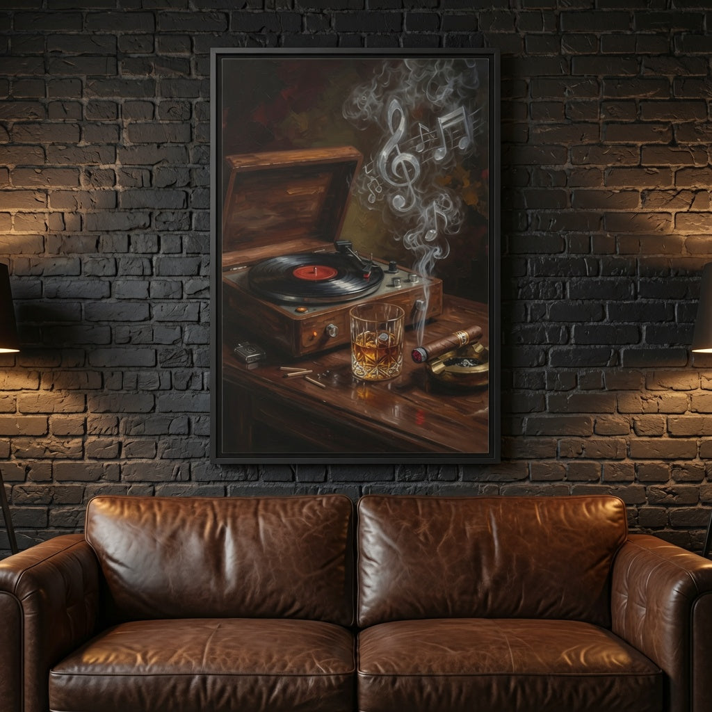 Vintage Record Player with Whiskey and Cigar / Music Note Smoke - Framed Canvas