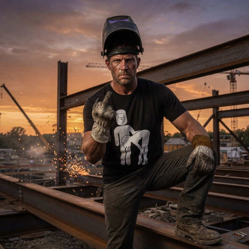Black crew-neck T-shirt with white welding silhouette graphic on chest