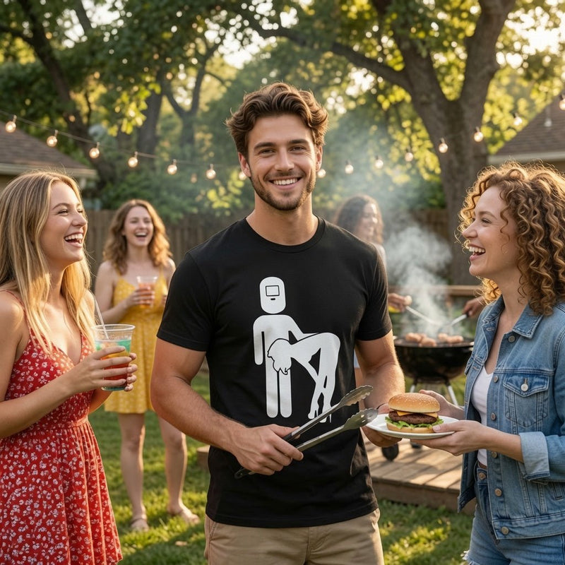 Black crew-neck t-shirt featuring pole dancer silhouette graphic, front view