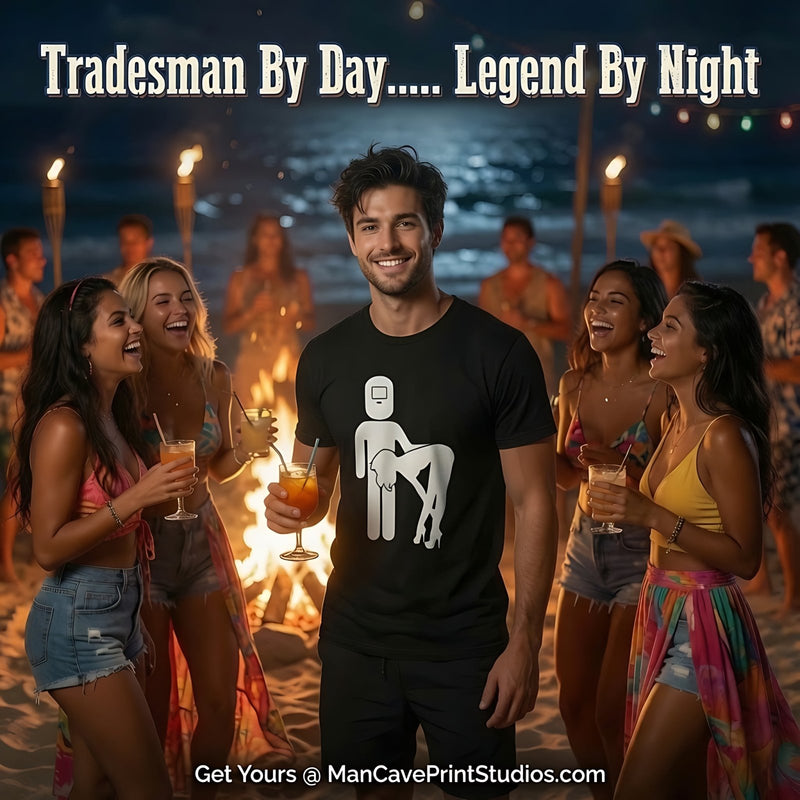 Black crew-neck t-shirt with pole dancer silhouette graphic on the front