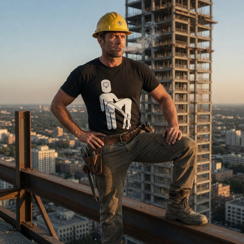 Black crew-neck T-shirt with white welding silhouette graphic on chest