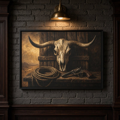 Framed Western skull canvas wall art with horns, rope coils, and tools