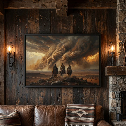 Framed matte canvas print with black frame, western landscape with three riders and storm clouds