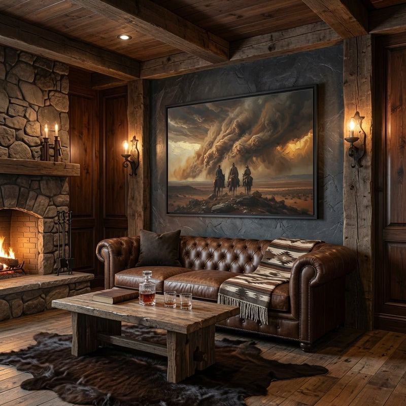 Black framed matte canvas print showing western horse riders under a heavy, stormy sky
