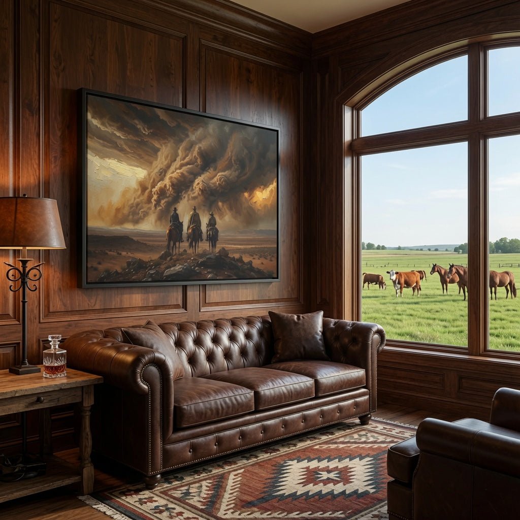 Black framed matte canvas print of western riders on horseback under storm clouds