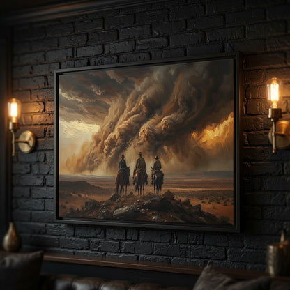 Framed matte canvas print with black frame, western riders in storm clouds over desert