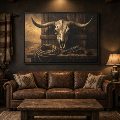 Western skull canvas wall art in black frame, horns above rope and pistol