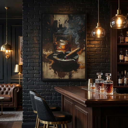 Framed canvas wall art with whiskey glass and cigar smoke on textured abstract background