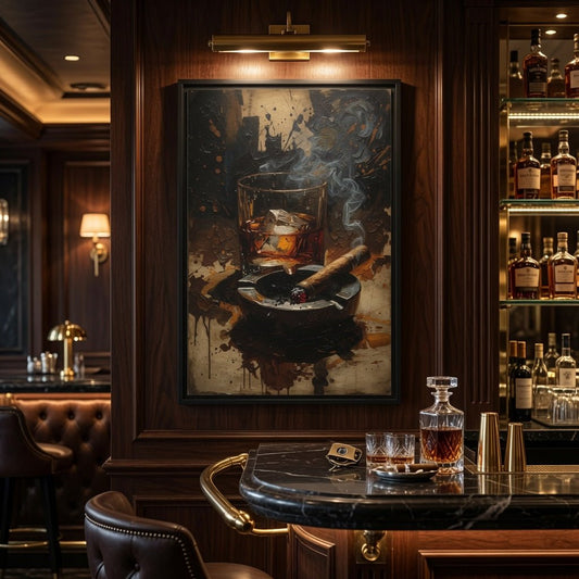 Framed canvas wall art with whiskey glass, cigar, and swirling smoke in dark tones