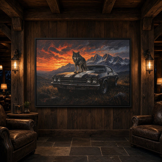 Wolf and muscle car canvas wall art in black frame, mountain sunset scene.