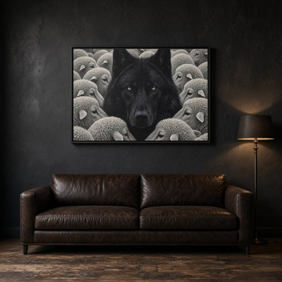 Framed canvas of a black wolf surrounded by gray sheep faces above a dark sofa