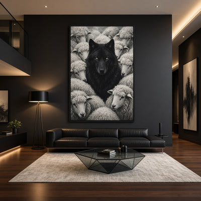 Framed monochrome wolf among sheep canvas print, hanging portrait artwork