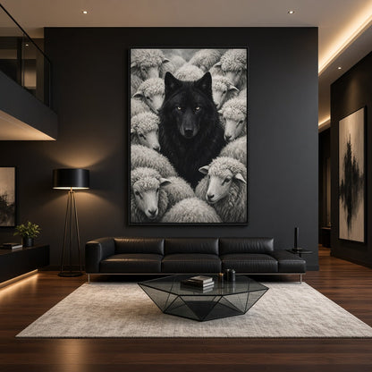 Framed monochrome wolf among sheep canvas print, hanging portrait artwork