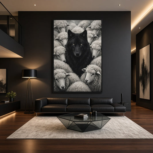 Framed monochrome wolf among sheep canvas print, hanging portrait artwork