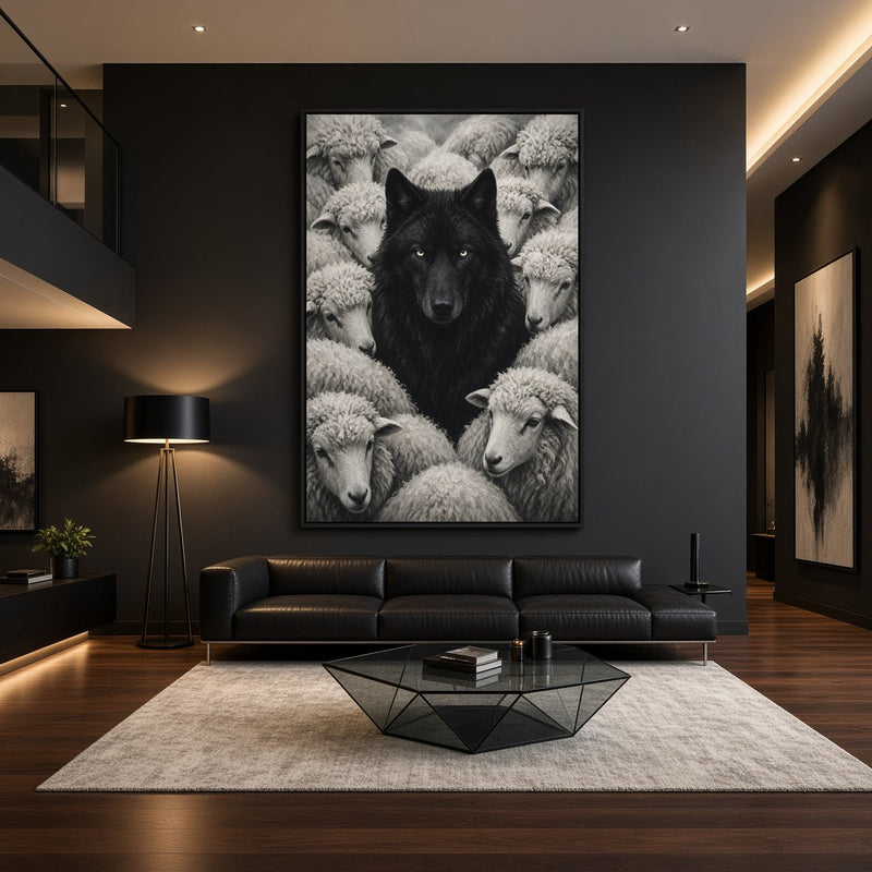 Framed monochrome wolf among sheep canvas print, hanging portrait artwork