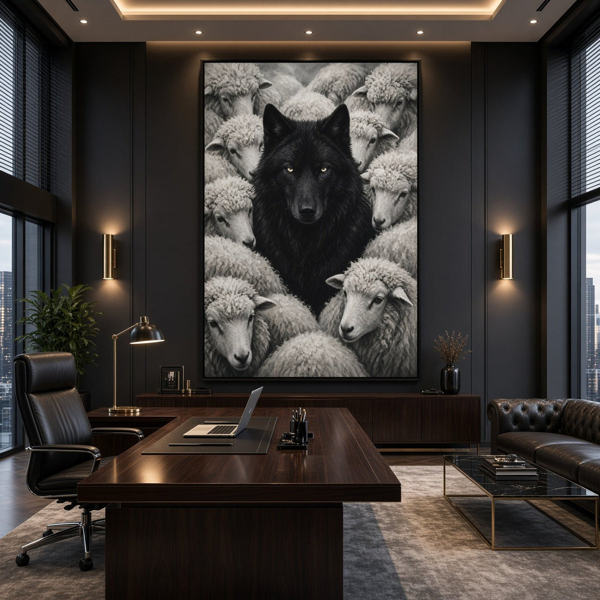 Framed monochrome wolf canvas with sheep surrounding, vertical wall artwork