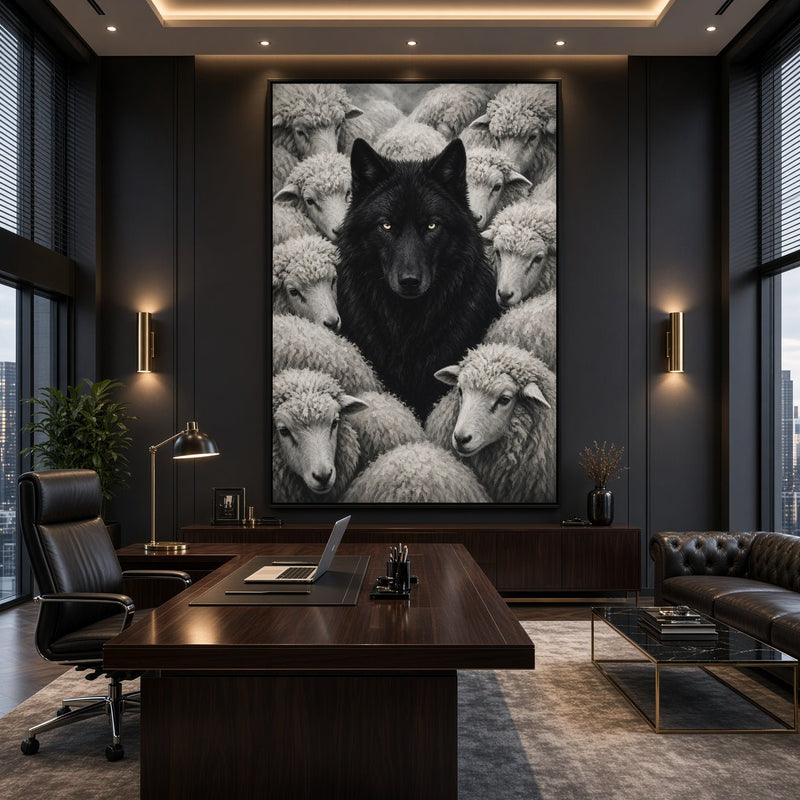 Framed monochrome wolf canvas with sheep surrounding, vertical wall artwork