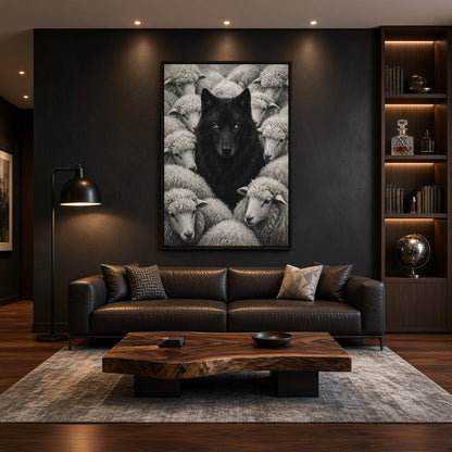 Framed wolf-and-sheep canvas wall art in black and white, portrait orientation