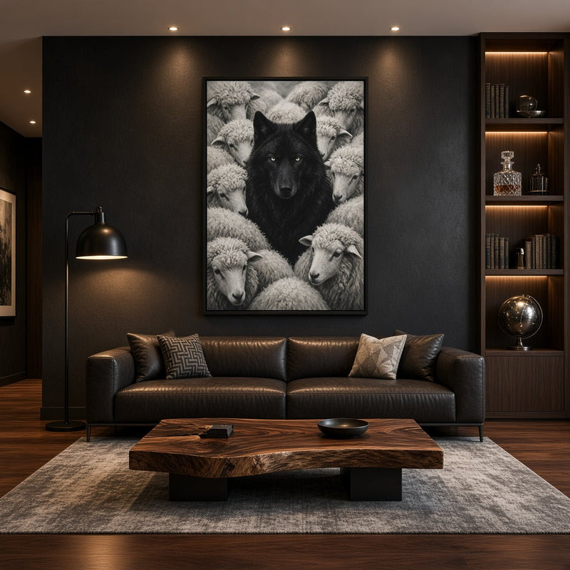 Framed wolf-and-sheep canvas wall art in black and white, portrait orientation