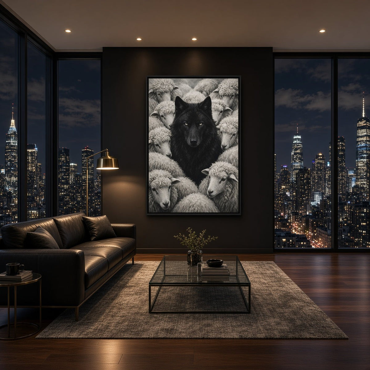 Framed monochrome wolf and sheep canvas print, vertical portrait wall artwork