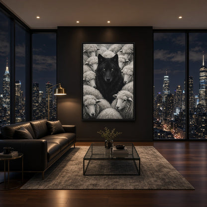 Framed monochrome wolf and sheep canvas print, vertical portrait wall artwork
