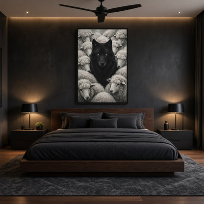 Framed black-and-white wolf among sheep canvas print in portrait orientation
