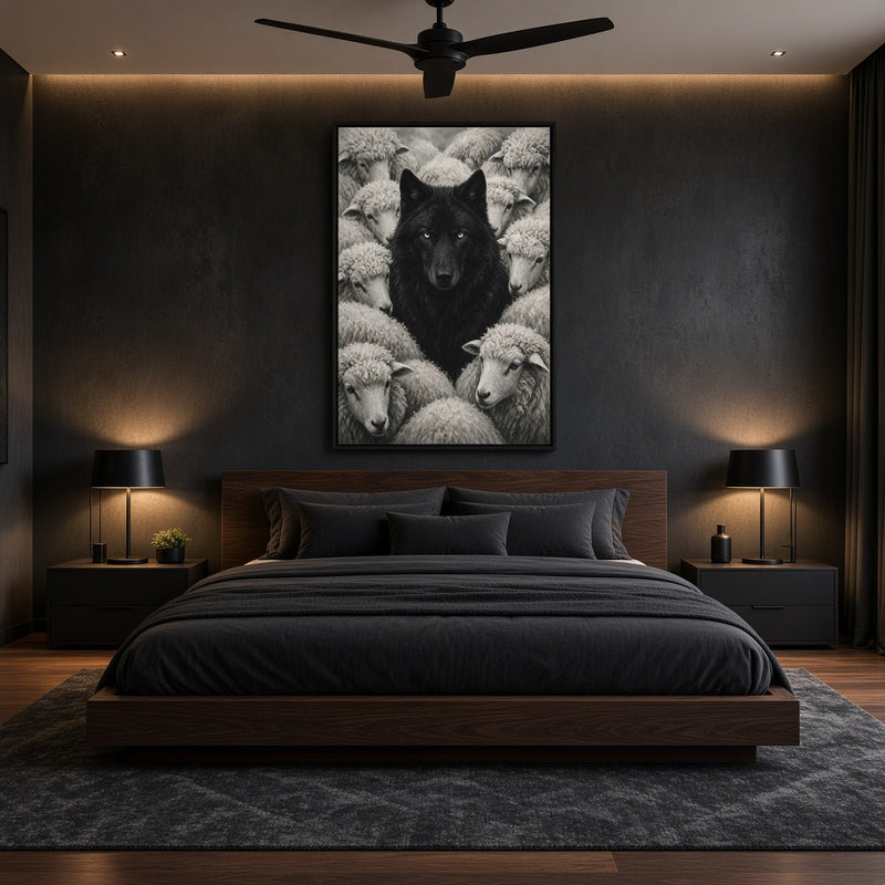 Framed black-and-white wolf among sheep canvas print in portrait orientation
