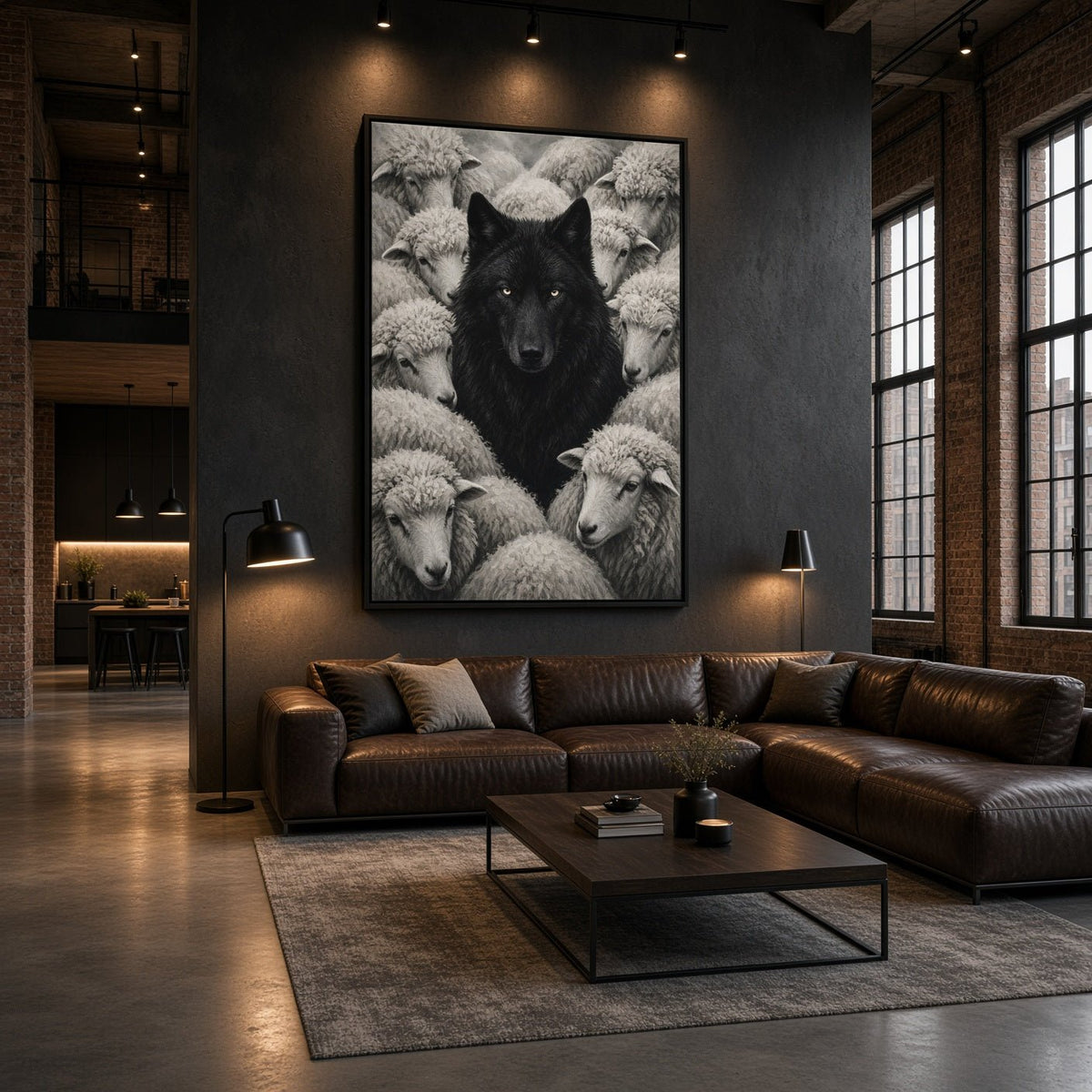 Framed monochrome canvas showing black wolf among white sheep, vertical wall decor