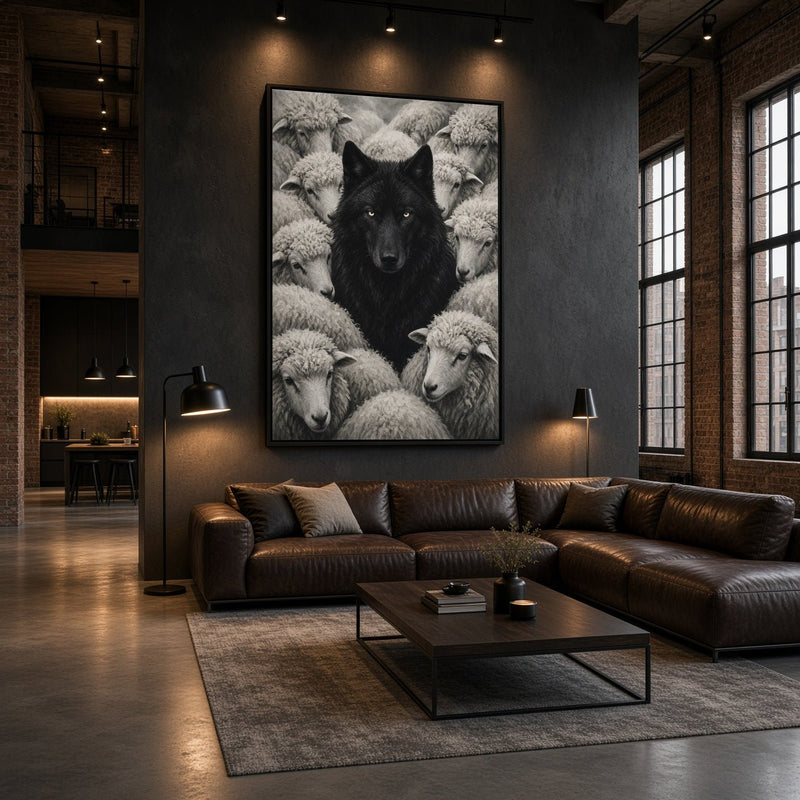Framed monochrome canvas showing black wolf among white sheep, vertical wall decor