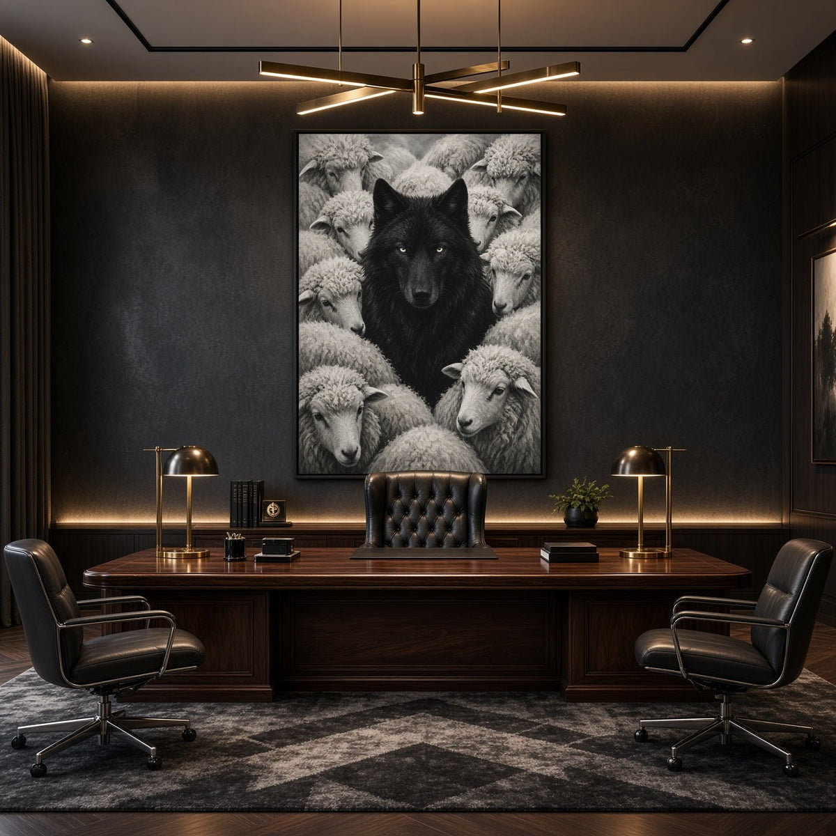 Framed wolf-and-sheep canvas wall art, monochrome portrait orientation