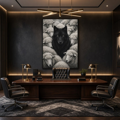 Framed wolf-and-sheep canvas wall art, monochrome portrait orientation