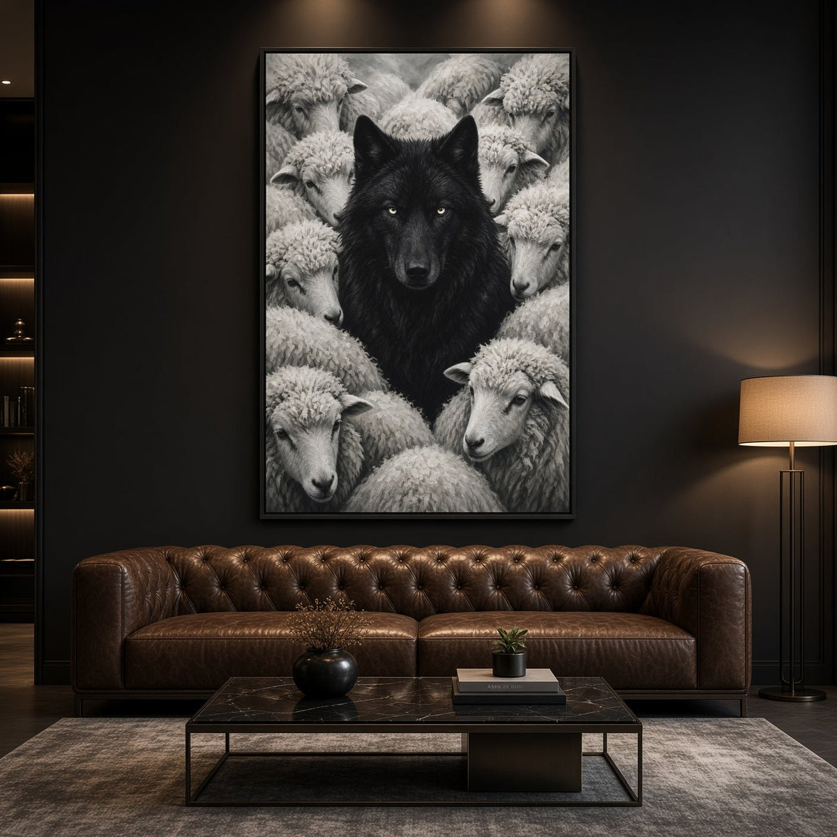Framed canvas wall art with black wolf and sheep in monochrome, hanging portrait