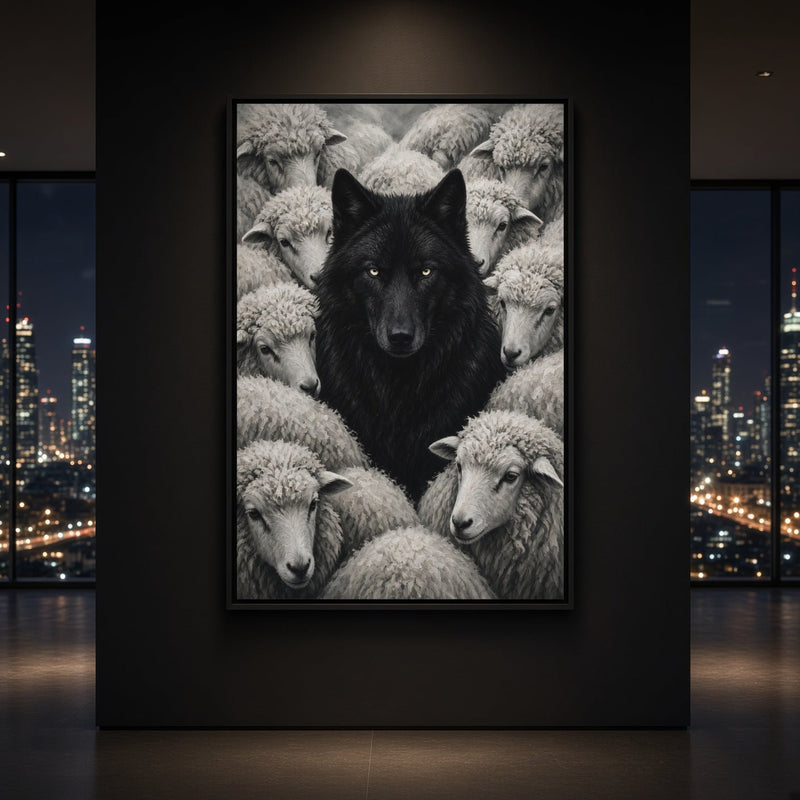 Framed vertical grayscale canvas print with a black wolf and surrounding sheep