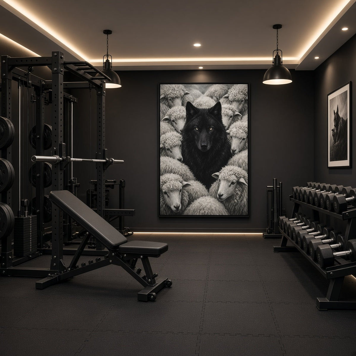 Framed grayscale canvas of a black wolf centered among sheep