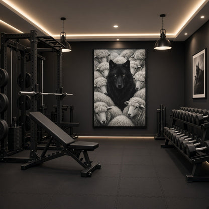 Framed grayscale canvas of a black wolf centered among sheep