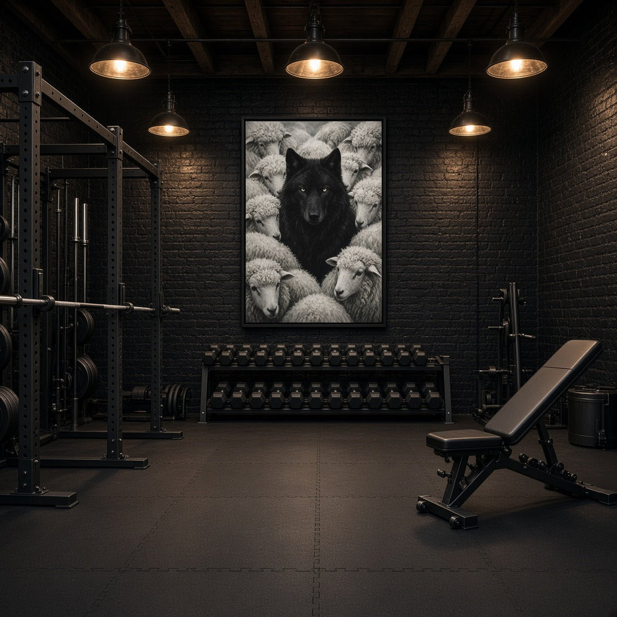 Framed vertical grayscale canvas depicting a black wolf among fluffy sheep