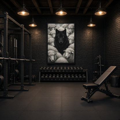 Framed vertical grayscale canvas depicting a black wolf among fluffy sheep
