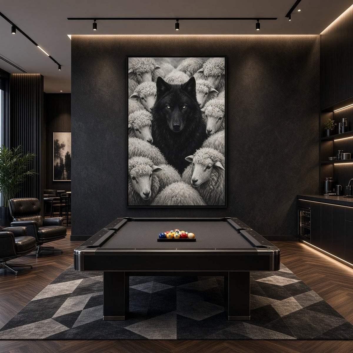 Framed vertical canvas print with a black wolf and surrounding sheep, grayscale