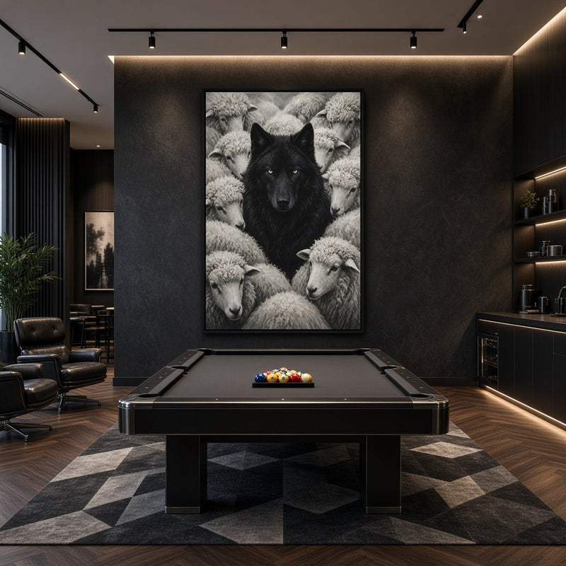 Framed vertical canvas print with a black wolf and surrounding sheep, grayscale