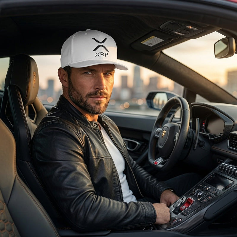 White snapback cap with black XRP logo and flat bill