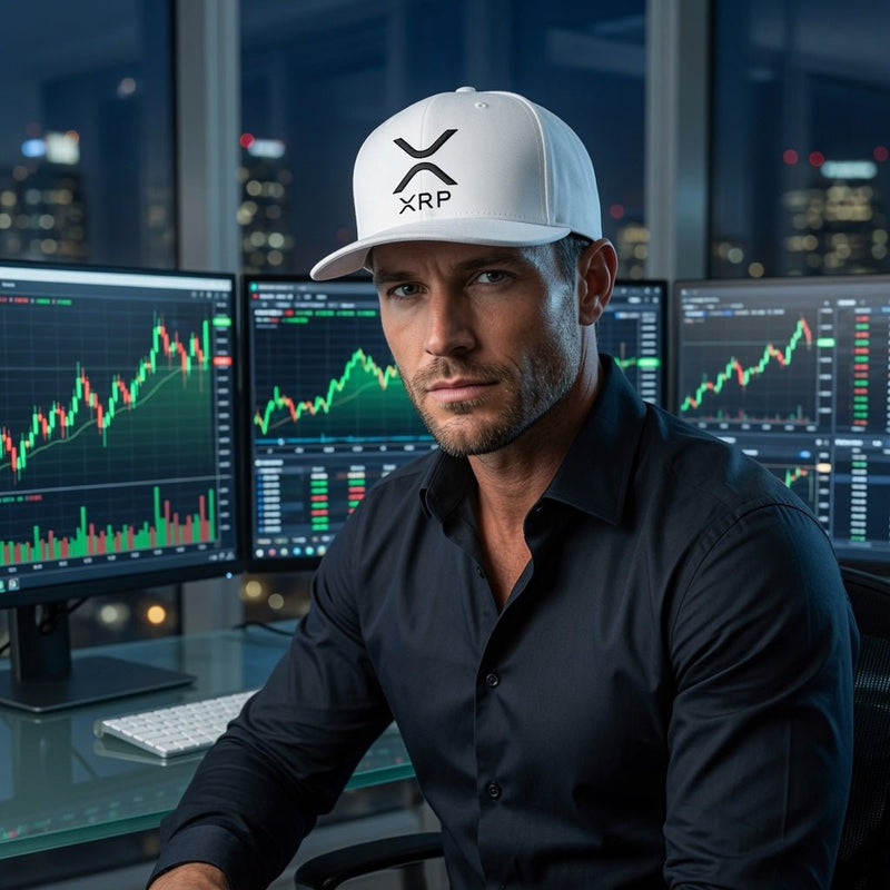 Light grey snapback cap with black XRP logo and flat bill