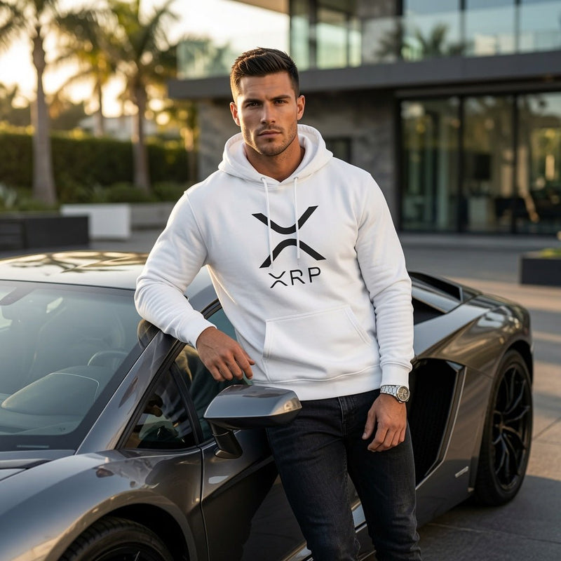 White logo pullover hoodie with front XRP graphic on model